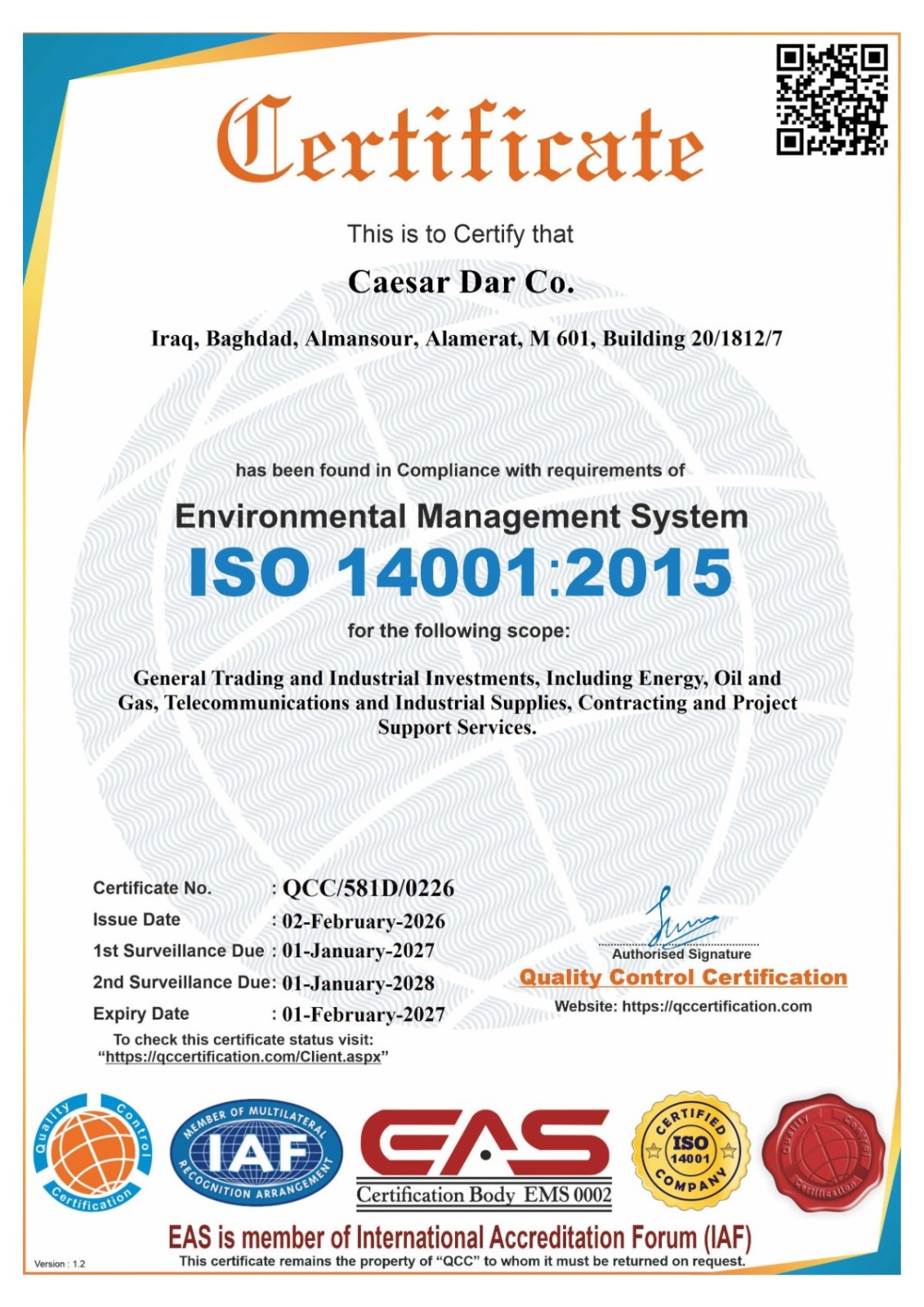ISO 14001:2015 Environmental Management certificate