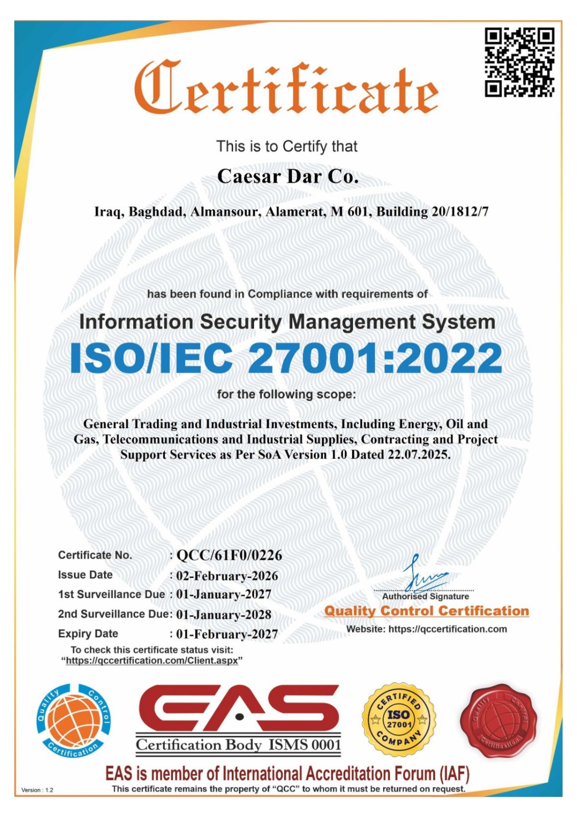 ISO/IEC 27001:2022 Information Security certificate