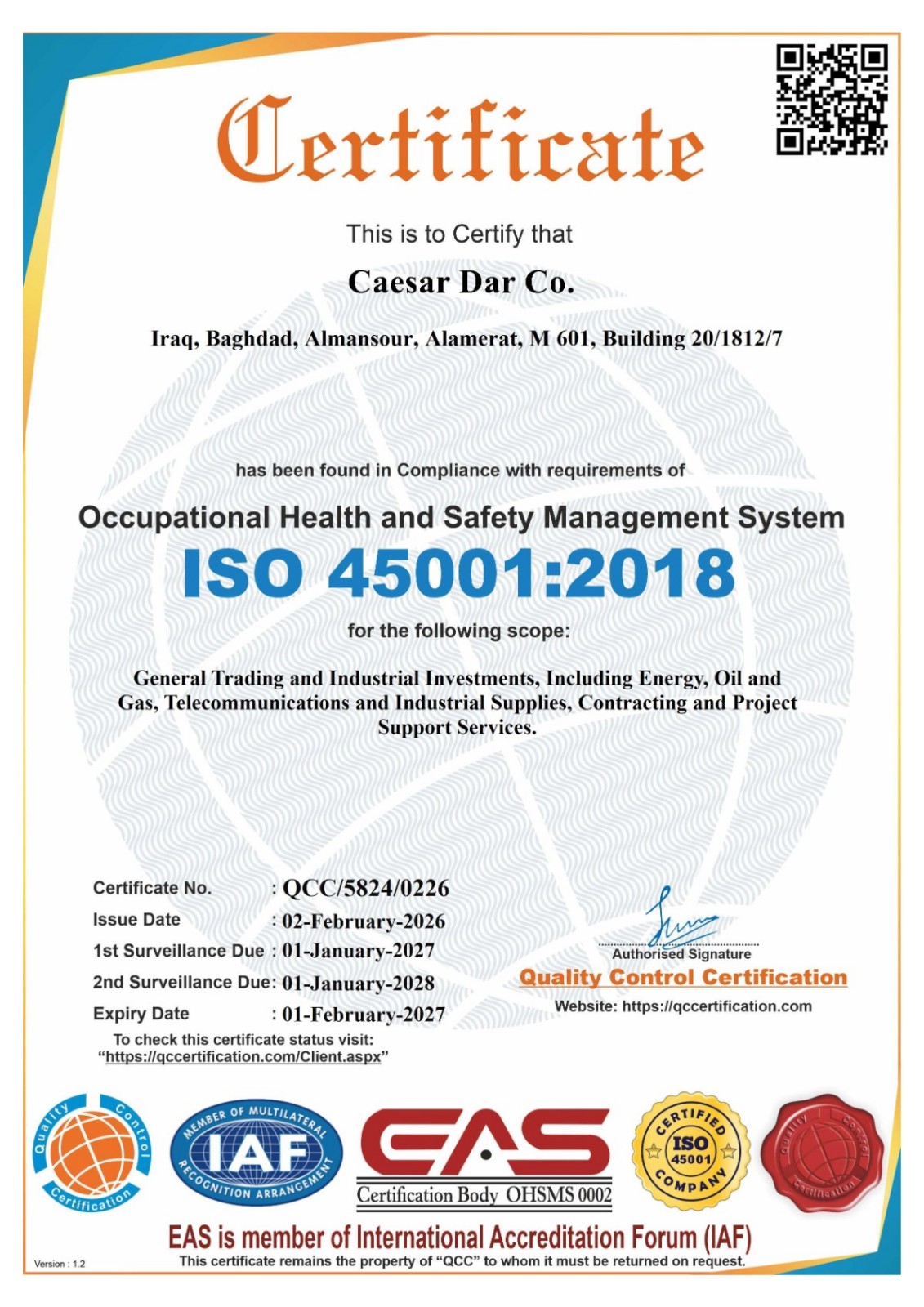 ISO 45001:2018 Health & Safety certificate