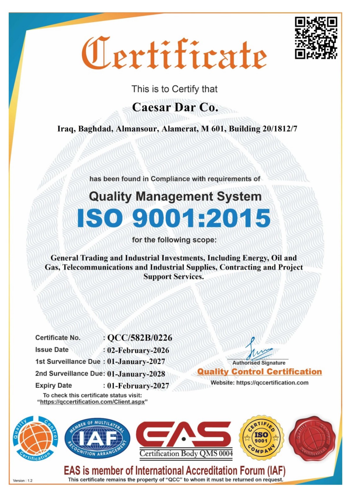 ISO 9001:2015 Quality Management certificate